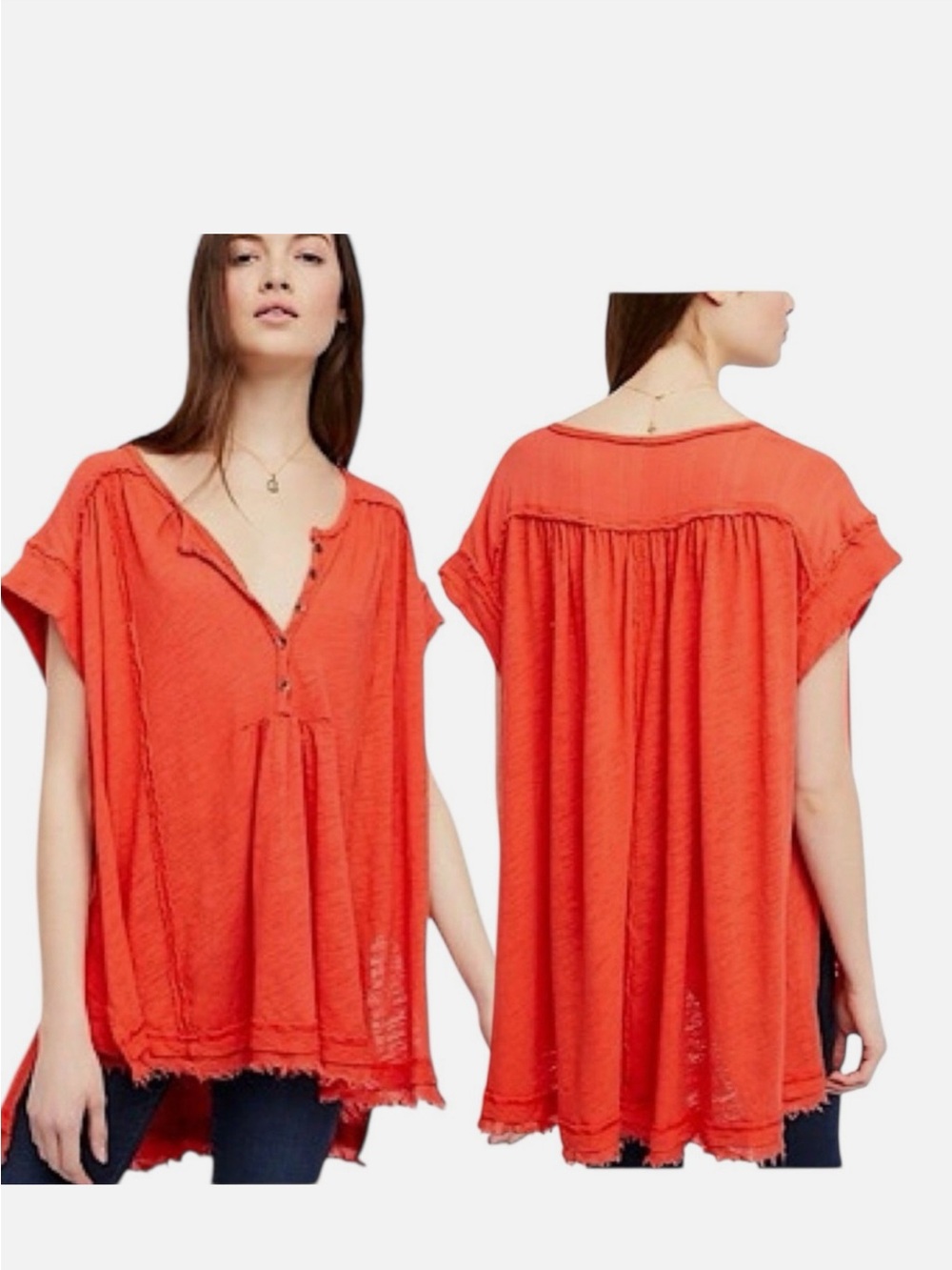 Free People “Aster” Relaxed Henley Style Hi-Low Raw Hem Short Sleeve Blouse• S